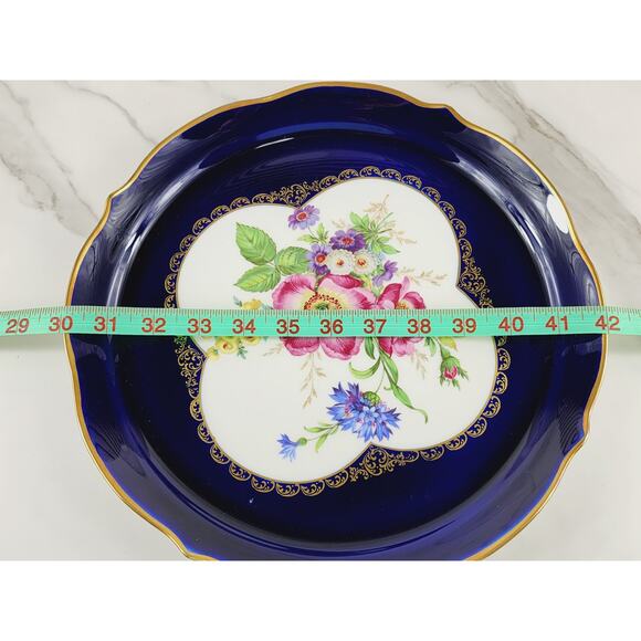 Lindner Echt Cobalt Floral Server Platter Moosrose Bavaria 12" Gold Trim 80s Vtg - Picture 16 of 16